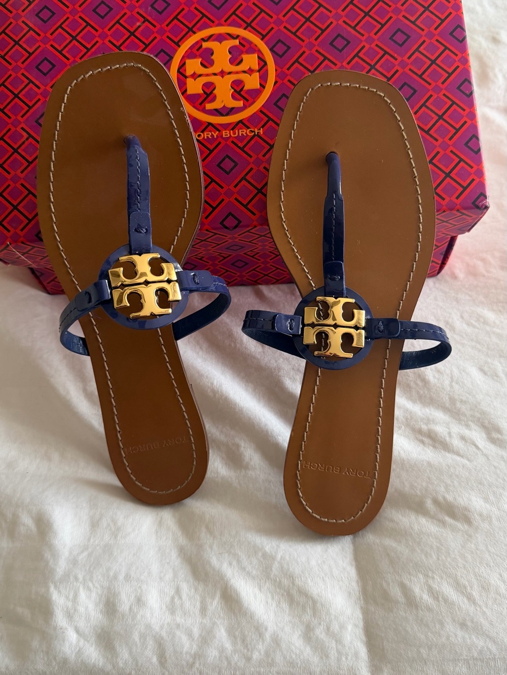 Tory Burch Brown Leather Sandals with royal Straps and Gold Logo